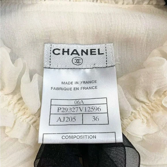 CHANEL Cream Ruffled Long-Sleeve Blouse with Black Bow Accents - Picture 6 of 7
